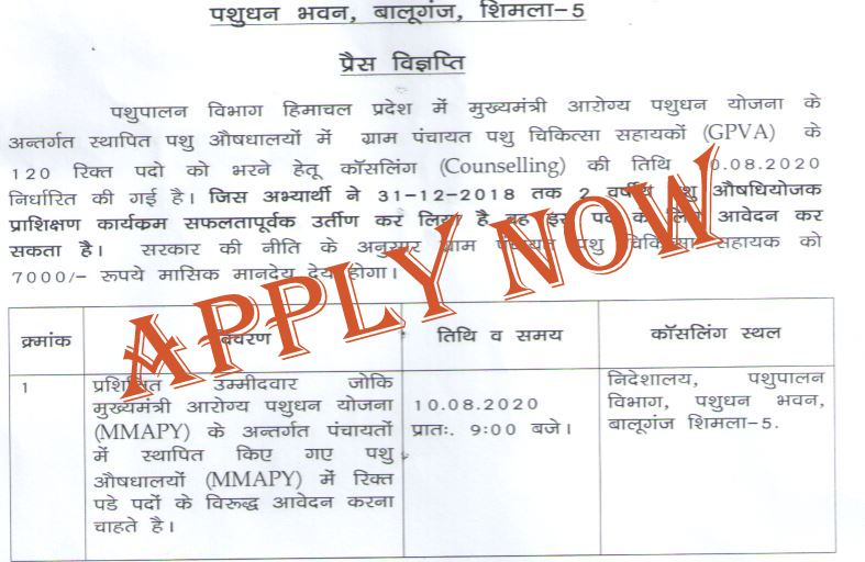 120 Vacancies in Department of Animal Husbandry Himachal Pradesh: Apply Now